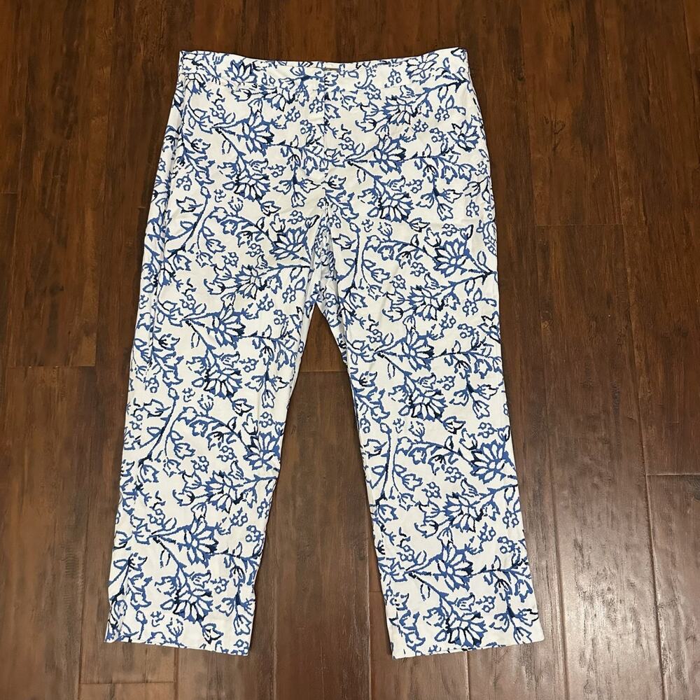 J. JILL Capri Pants White Blue Floral Cotton Stretch High Rise Boho